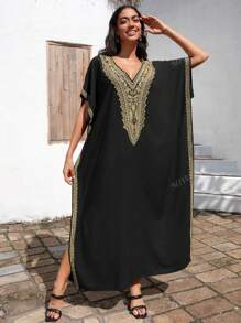 Vestido negro suelto estilo túnica con escote en V bordado, vestido casual para estar en casa