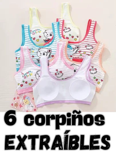 6 piezas de Top para niña o adolescente con almohadillas extraíbles surtido en colores, diseños y colores surtidos  de 8 a 13 años