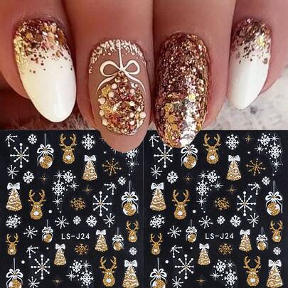 2张3D反光美甲贴纸，金色闪光雪花圣诞装饰灯笼滑块雪树贴纸条纹美甲