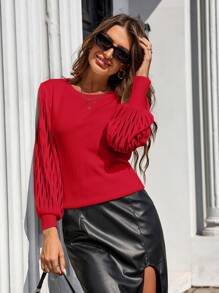Women's Solid Color Crew Neck Long Sleeve Sweater, Autumn/Winter - Red - View 5