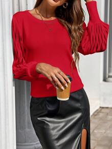 Women's Solid Color Crew Neck Long Sleeve Sweater, Autumn/Winter - Red - View 3