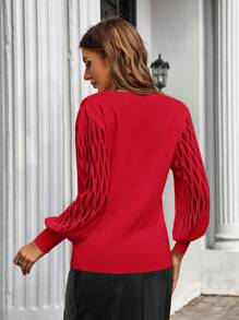 Women's Solid Color Crew Neck Long Sleeve Sweater, Autumn/Winter - Red - View 2