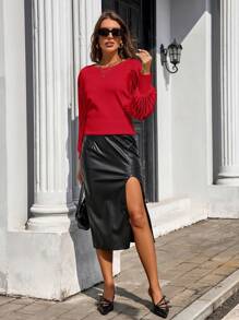 Women's Solid Color Crew Neck Long Sleeve Sweater, Autumn/Winter - Red - View 6