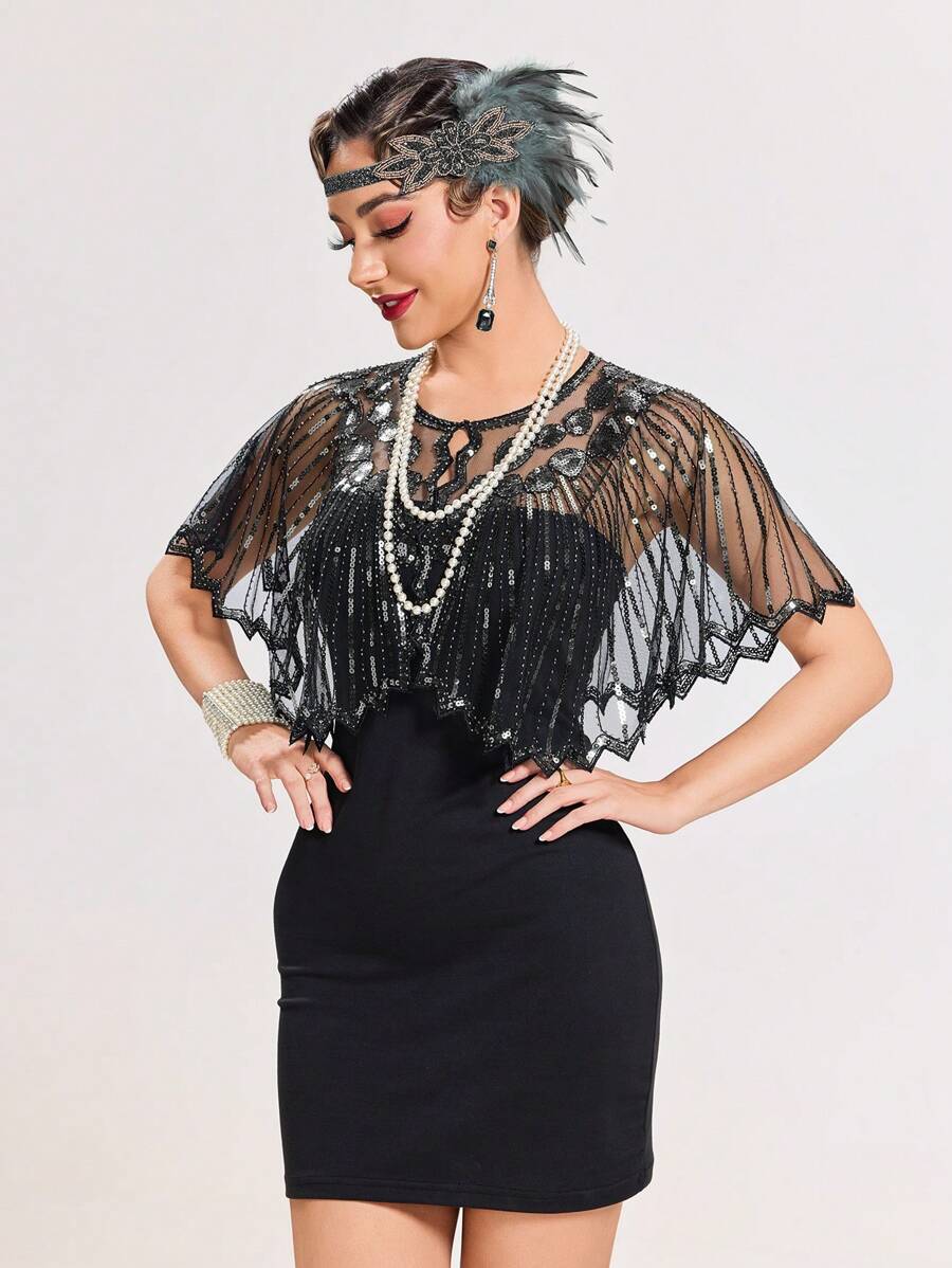 1 bucăți de șal cu mărgele retro cu paiete din anii 1920, potrivit pentru petrecere formală, nuntă, nopți Harlem, - argintiu negru - Vizualizare 1