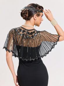 1 bucăți de șal cu mărgele retro cu paiete din anii 1920, potrivit pentru petrecere formală, nuntă, nopți Harlem, - argintiu negru - Vizualizare 6