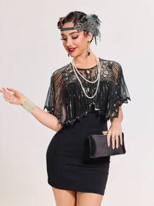 1 bucăți de șal cu mărgele retro cu paiete din anii 1920, potrivit pentru petrecere formală, nuntă, nopți Harlem, - argintiu negru - Vizualizare 4