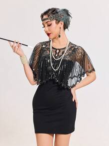 1 bucăți de șal cu mărgele retro cu paiete din anii 1920, potrivit pentru petrecere formală, nuntă, nopți Harlem, - argintiu negru - Vizualizare 2