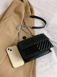 菱形链条时尚百搭简约休闲单肩斜挎包 - 黑色 - 查看 5