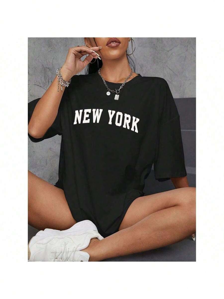 Needstar T-Shirt Women's Tshirt Cotton100% Casual Gym Workout Loose Streetwear Woman New York - 黑色 - 查看 1