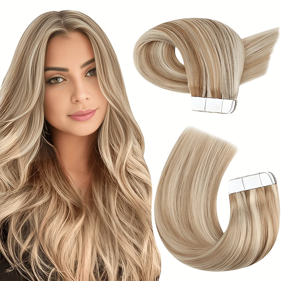 1pack Highlight Tape In Hair Extensions Human Hair Tape In Real Human Hair 20 Pcs Glue On Hair Extensions Color #P8/613 For Women