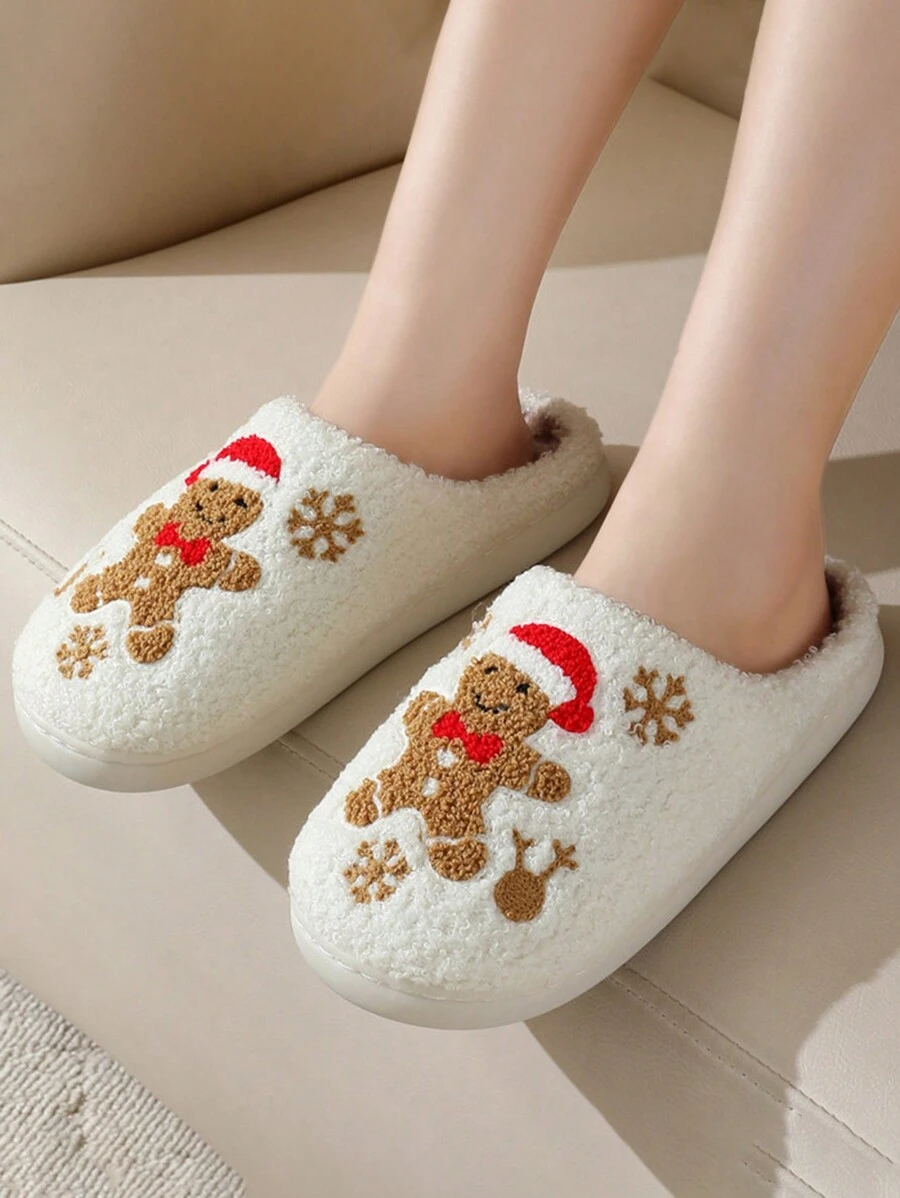 圣诞节新品冬季圣诞老人，圣诞树，雪人，圣诞袜，姜饼人，鹿，树顶星星，雪花保暖内衬加厚保暖拖鞋，情侣室内厚底保暖布艺拖鞋 - 卡其色 - 查看 1