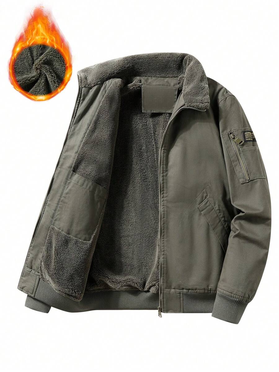 男士潮流时尚户外休闲运动飞行加厚夹克外套带保暖内衬，冬季保暖 - 軍綠色 - 查看 1