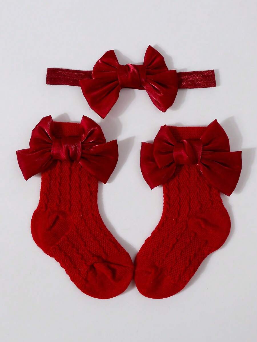 1pc Baby Bowknot Headband + 1 Pair Butterfly Mesh Socks, Baby Gift Set Love Valentine - Burgundy - View 1