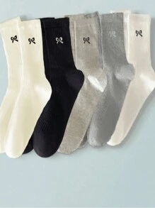 5 双装 女式可爱蝴蝶结中筒袜 卡通动漫 时尚舒适长袜 黑白灰色 袜子 - 彩色 - 查看 1