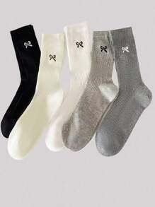 5 双装 女式可爱蝴蝶结中筒袜 卡通动漫 时尚舒适长袜 黑白灰色 袜子 - 彩色 - 查看 2