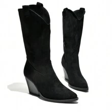 Ladies Mid Calf Block Heel Embroidered Boots  Ladies Cowboy Boots Women Block Heel Suede Cowgirl Party Boots - Black - View 1