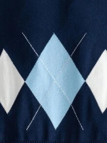 男童菱形图案加厚保暖套头衫，秋冬款 - 藏蓝色 - 查看 3