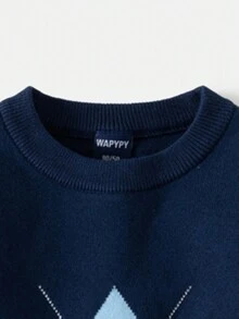 男童菱形图案加厚保暖套头衫，秋冬款 - 藏蓝色 - 查看 4