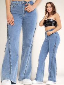 Hello Meet | Pantalones Vaqueros Acampanados con Cremalleras Laterales, Tiro Alto, Azul Desgastado - Azul - Ver 1