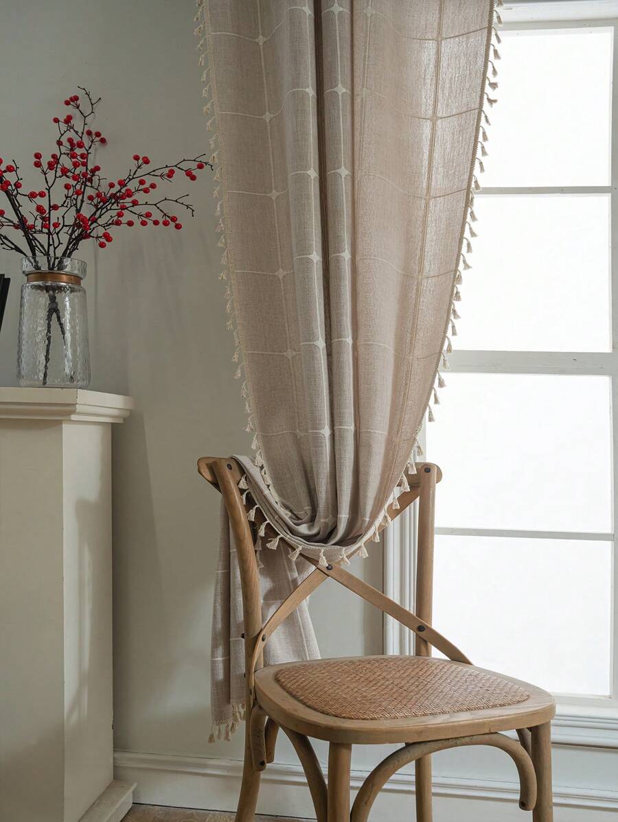 1 rèm vải gingham jacquard, vải dệt kim jacquard phong cách đồng quê giản dị với tua rua màu kem, rèm trang trí nhà cửa thích hợp cho trang trí ngày lễ, đám cưới, khách sạn, nhà hàng, phòng khách, phòng ngủ, nhà bếp, cửa ra vào bốn mùa - Màu cà phê - Xem 1