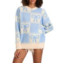 Women's Knit Sweater Long Sleeve O Neck Bow Print Knitted Pullover Top Autumn Winter Casual Knitwears