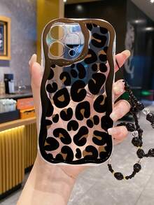Animal Cream Textured Wave-Edged Glossy Leopard Print Painting Anti-Fall Phone Case With Handmade Beaded Bracelet, Compatible With IPhone Cream Wave-Edged Glossy New TPU Anti-Fall Soft Phone Case, Compatible With Galaxy Redmi Note 11 - Multicolor - View 4