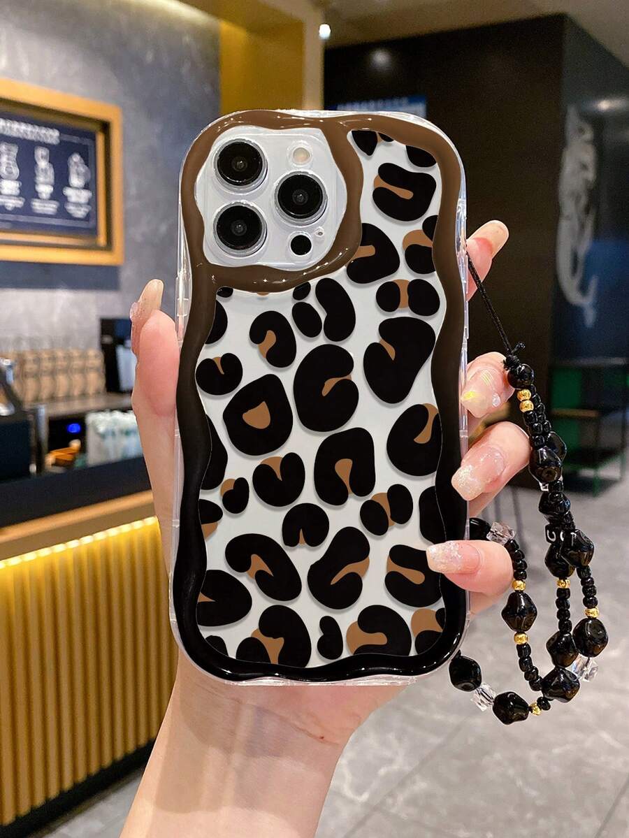 Animal Cream Textured Wave-Edged Glossy Leopard Print Painting Anti-Fall Phone Case With Handmade Beaded Bracelet, Compatible With IPhone Cream Wave-Edged Glossy New TPU Anti-Fall Soft Phone Case, Compatible With Galaxy Redmi Note 11 - Multicolor - View 1
