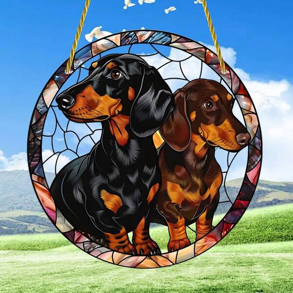 1 件，亚克力腊肠犬情侣亚克力太阳捕手，动物主题，彩色玻璃窗挂，适用于家庭、办公室、卧室、宿舍墙面艺术装饰、乔迁礼物、圣诞节装饰，2D