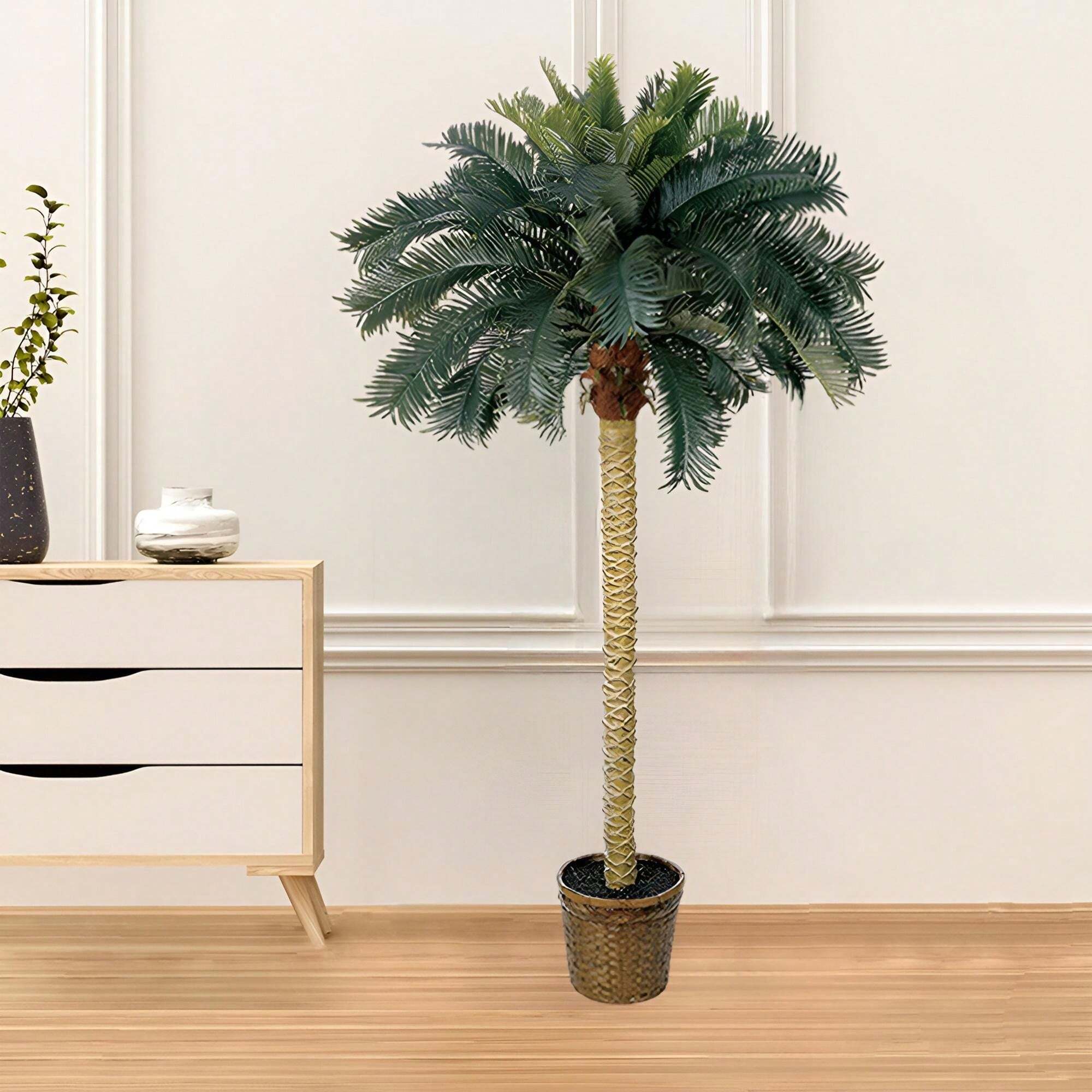 6' Sago Palm Silk Tree Vibrant Green Leaves And Natural Trunk For An