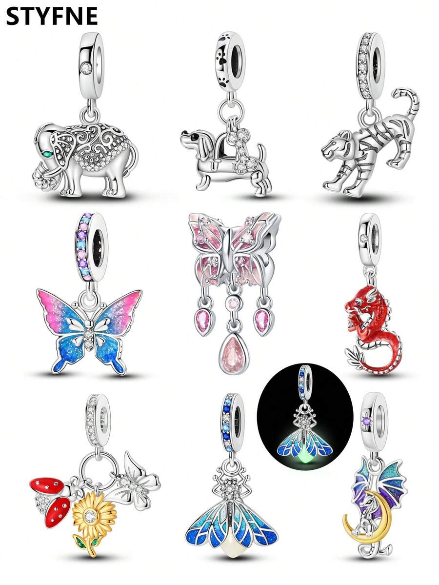 STYFNE 1 件 S925 镀银动物主题吊坠首饰，包括大象、蝴蝶、老虎、狗、萤火虫、向日葵、龙，手工制作的女性日常小礼物，DIY 配饰 - 銀色 - 查看 1