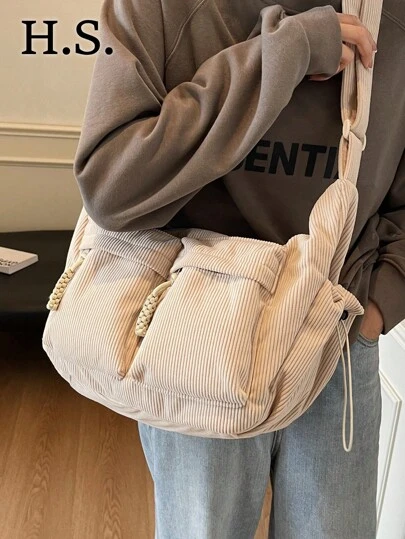 秋冬新品灯芯绒多口袋拉链开合斜跨单肩包，柔软可折叠斜挎包，学校/大学生日常小包，简约日式风格