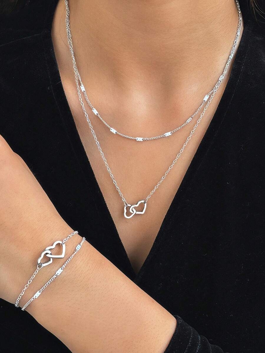 Aomogo Stainless Steel Jewelry Sets High-End Atmosphere Love Bracelet Love Necklace Double Chain Design Jewelry Sets For Women Jewelry Valentines,Mom,Mother,Mother's Day,Gift