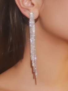 1 par de brincos longos de borla com strass de cristal de 4 camadas e vários fios, brincos pendurados de lustre de cristal brilhante, joias de festa da moda