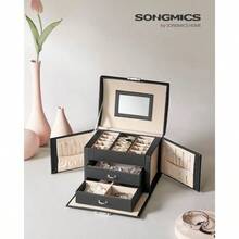SONGMICS 3-Tier Jewelry Box, Travel Jewelry Case With Handle, 2 Drawers, Lockable Jewelry Organizer With Mirror, Jewelry Storage, Modern Style - 黑色 - 查看 3