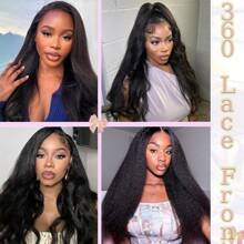 360 Lace Front Wigs Human Hair Kinky Straight Wig Yaki Straight Human Hair Wig 200 Density HD Lace Front Wigs Human Hair 360 Wig Human Hair Full Lace For Lady Natural Color 24inch - 黑色 - 查看 2