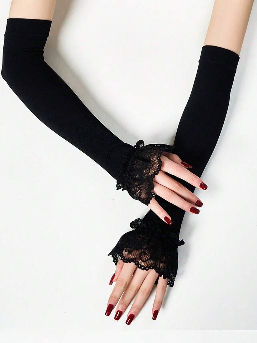 1 件装女式蕾丝网眼防晒冰丝喇叭冰袖，透气户外臂套 - 彩色 - 查看 1