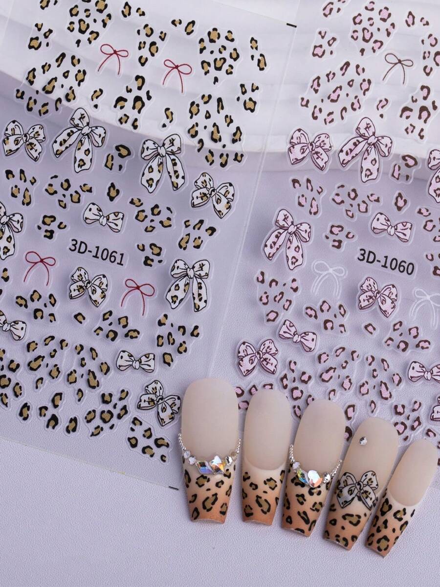 Miếng dán móng tay họa tiết da báo quyến rũ cho cô gái thời trang, ruy băng in da báo màu hồng phong cách ngọt ngào & miếng dán móng tay hình nơ nhỏ - Nhiều màu - Xem 1