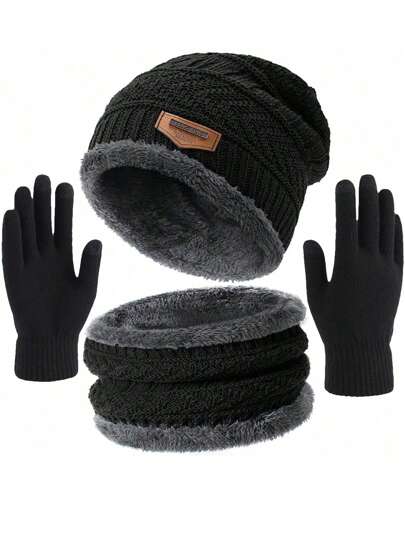 3 Pieces Set Men And Women Winter Knitted Beni Hat And Black Glove ,Winter Beanie Hat & Scarf Set Stylish Knit Skull Cap Winter Head Warmer