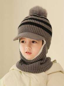 Pasamontañas infantil con temática de dibujos animados - 1 paquete, tela de punto de poliéster, gorro de invierno liviano lavable a mano con protección para las orejas, multicolor a rayas para senderismo, uso estacional de otoño/invierno para niños de 3 a 14 años - A - Ver 2