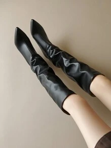 European & American Style 2024 Winter New Solid Color Thin High Heel Plus Size Pointed Toe Pull-On Knee High Boots Stage Shoes