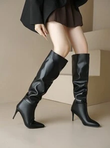 European & American Style 2024 Winter New Solid Color Thin High Heel Plus Size Pointed Toe Pull-On Knee High Boots Stage Shoes