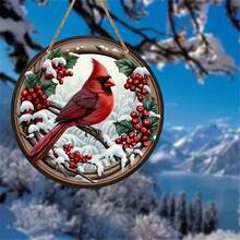 1 件明亮的红雀亚克力窗户吊坠 - 亚克力红鸟冬青浆果，带雪环标志，圆形标志，适合室内使用，冬季装饰，非常适合家庭、厨房、花园、车库和办公室装饰，送给家人和朋友的礼物，家居装饰，房间装饰，墙壁装饰 - 亞克力 - 查看 5