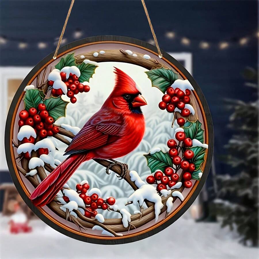 1 件明亮的红雀亚克力窗户吊坠 - 亚克力红鸟冬青浆果，带雪环标志，圆形标志，适合室内使用，冬季装饰，非常适合家庭、厨房、花园、车库和办公室装饰，送给家人和朋友的礼物，家居装饰，房间装饰，墙壁装饰 - 亞克力 - 查看 1