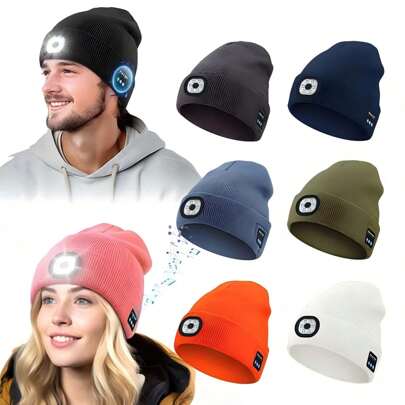 1 st Bluetooth brättelös bajshatt med lampor, unisex USB-uppladdningsbar 6 LED-ficklampa hatt med trådlösa hörlurar, cool present för män, kvinnor och tonåringar, varm vinterhatt för utomhusskidåkning Jakt Camping Vandring Löpning Fiske