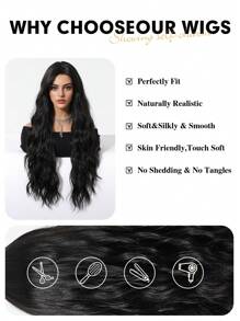 28 Inch Long Brown Wig With Bangs, Wavy Curly, Synthetic Fiber, Natural Appearance, Heat Resistant Fiber, Suitable For Daily Wear, Party And School - Black - View 6