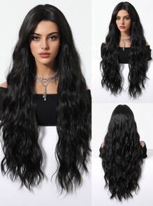 28 Inch Long Brown Wig With Bangs, Wavy Curly, Synthetic Fiber, Natural Appearance, Heat Resistant Fiber, Suitable For Daily Wear, Party And School - Black - View 3