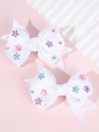 2 peças Sparking Hair Bow Toddlers Girls Hair Bows - Flor de strass colorida e clipes de fita de cetim sólido (branco/rosa/amarelo/bege), acessórios de cabelo fofos para crianças de 3 a 14 anos (festas/escola/todas as estações/primavera)