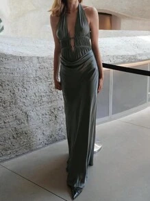 Women's Sexy Deep V-Neck Satin Backless Halter Patchwork Dress - Grey - View 1