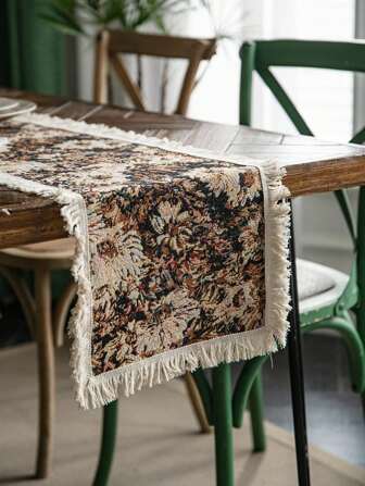1pc Table Runner Boho Floral Wedding Dinner Coffee Farmhouse Dining Kitchen Table Decor Flower Table Runner With Tassels For Party House Warming Bridal Shower