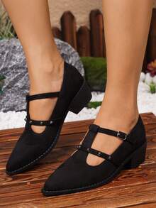 Giày cao gót Mary Jane phong cách Pháp dành cho nữ có quai chéo đàn hồi, giày cao gót mũi nhọn màu đen, da lộn retro - màu đen - Xem 1